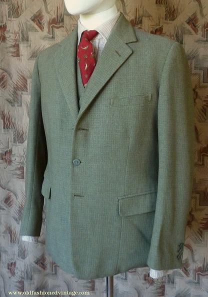 Vintage Mens 1960s Bespoke 2 Piece Jacket & Waistcoat Set Single Breasted Olive Green Brown Overcheck Wool 38"/40"