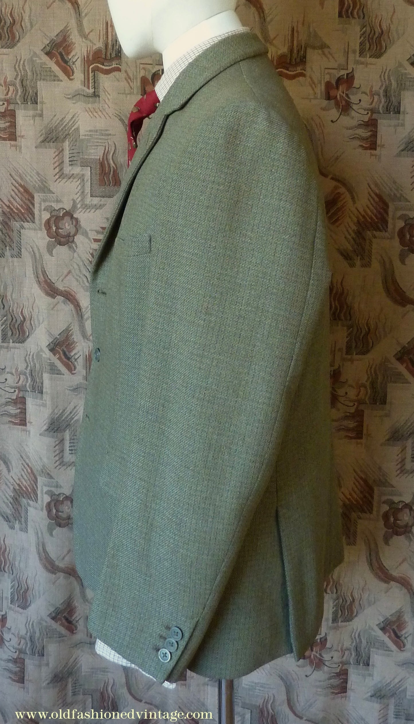 Vintage Mens 1960s Bespoke 2 Piece Jacket & Waistcoat Set Single Breasted Olive Green Brown Overcheck Wool 38"/40"