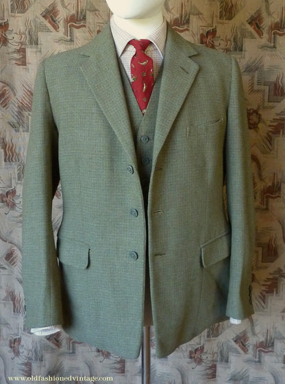 Vintage Mens 1960s Bespoke 2 Piece Jacket & Waistcoat Set Single Breasted Olive Green Brown Overcheck Wool 38"/40"