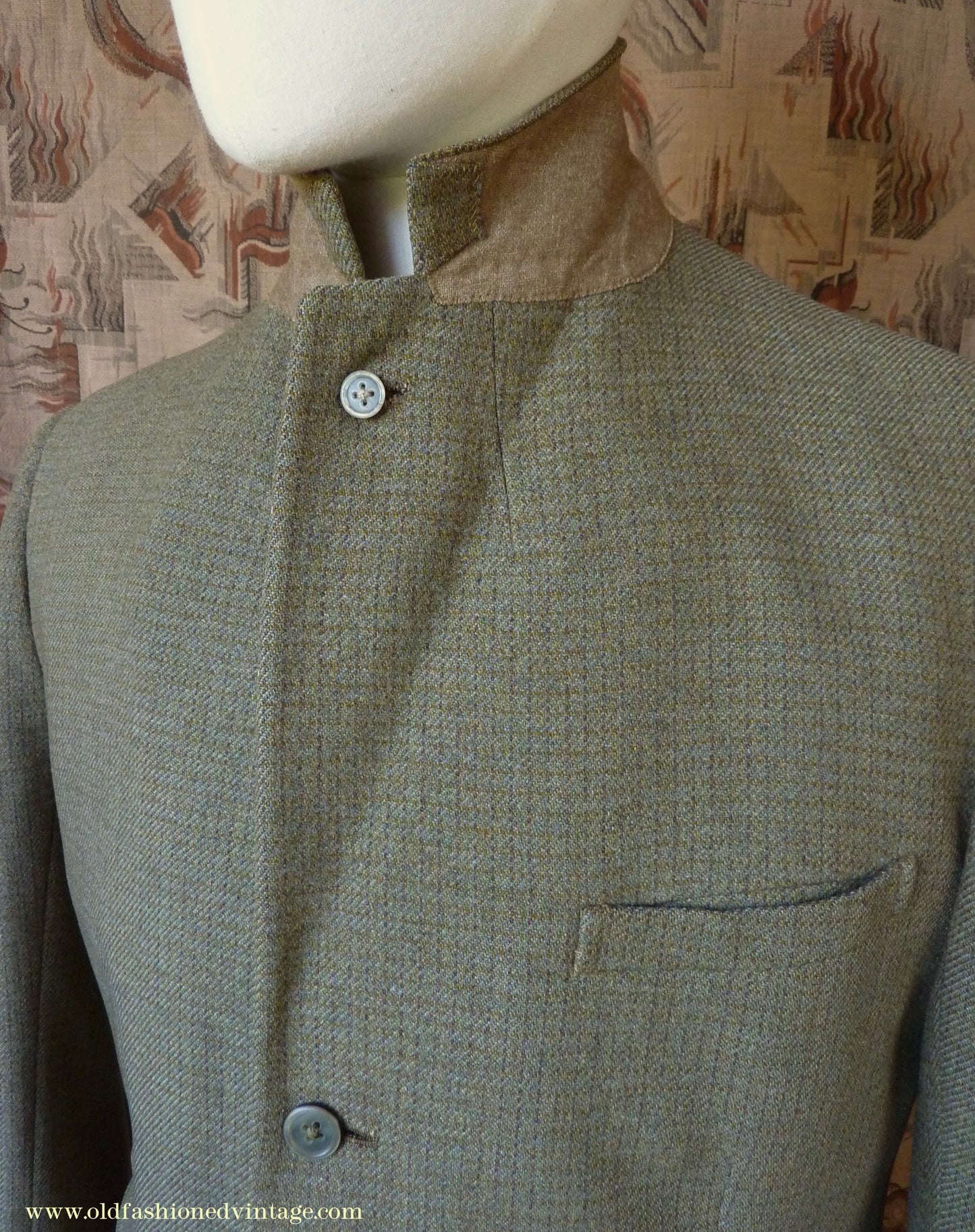 Vintage Mens 1960s Bespoke 2 Piece Jacket & Waistcoat Set Single Breasted Olive Green Brown Overcheck Wool 38"/40"