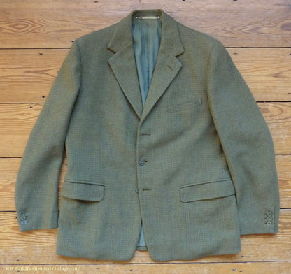 Vintage Mens 1960s Bespoke 2 Piece Jacket & Waistcoat Set Single Breasted Olive Green Brown Overcheck Wool 38"/40"
