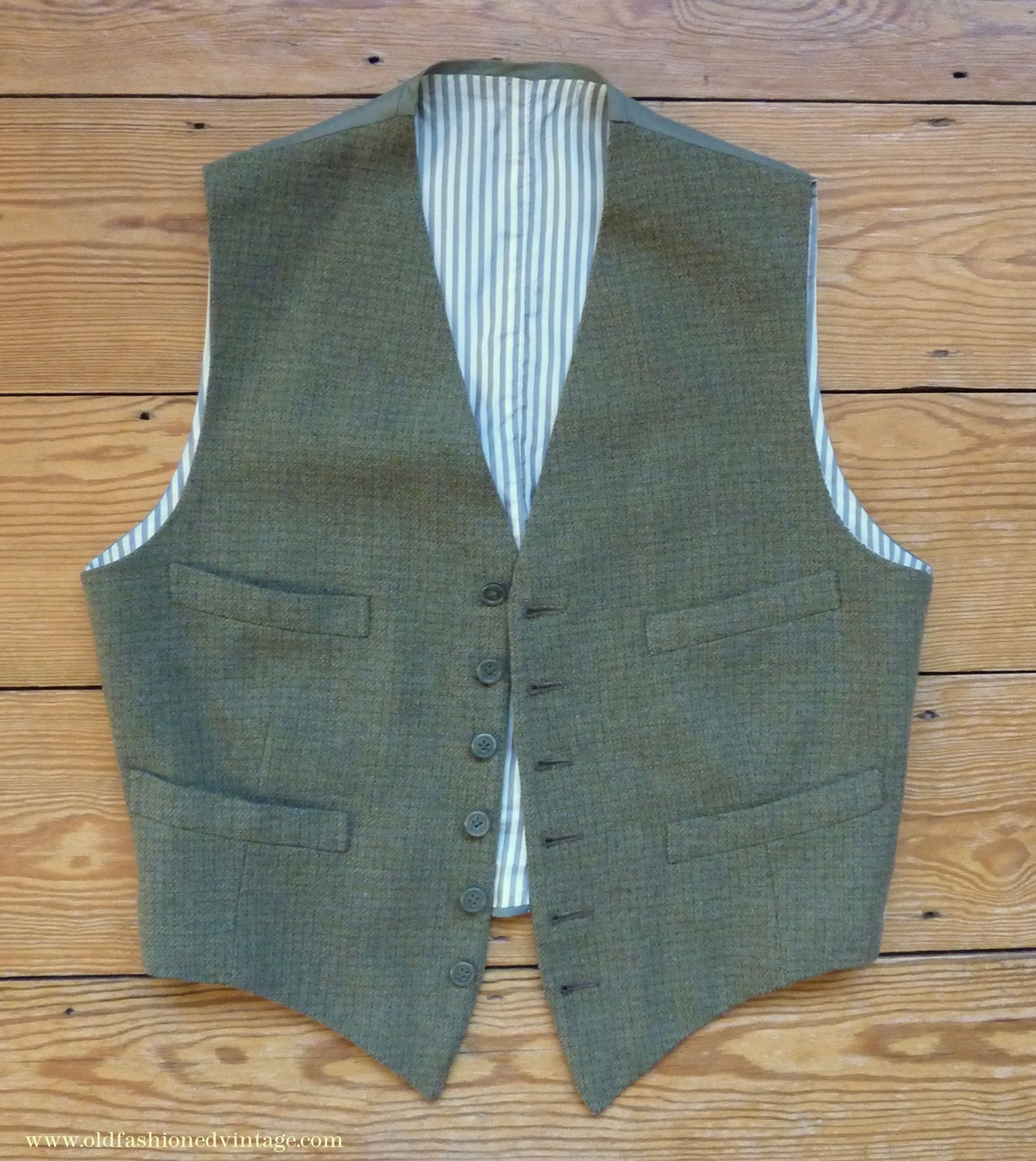 Vintage Mens 1960s Bespoke 2 Piece Jacket & Waistcoat Set Single Breasted Olive Green Brown Overcheck Wool 38"/40"
