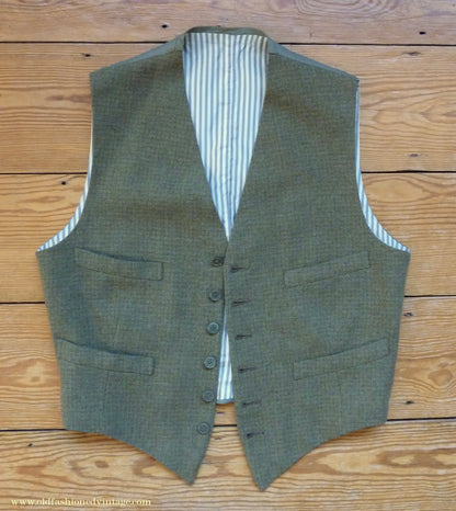 Vintage Mens 1960s Bespoke 2 Piece Jacket & Waistcoat Set Single Breasted Olive Green Brown Overcheck Wool 38"/40"