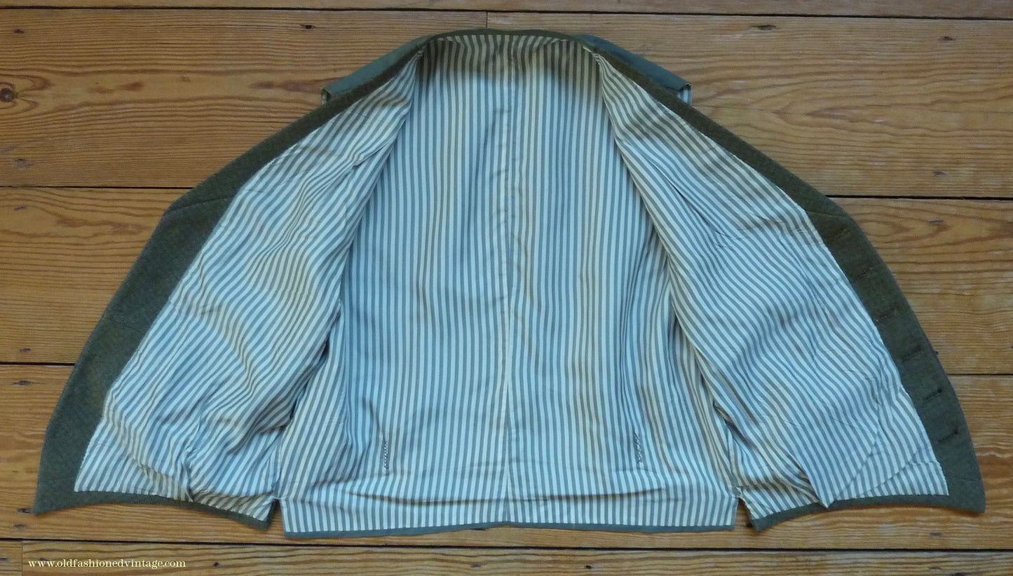 Vintage Mens 1960s Bespoke 2 Piece Jacket & Waistcoat Set Single Breasted Olive Green Brown Overcheck Wool 38"/40"