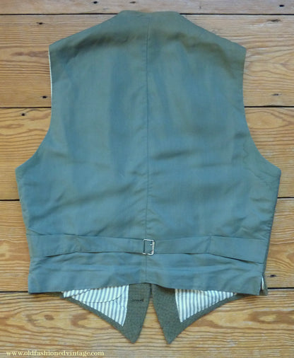 Vintage Mens 1960s Bespoke 2 Piece Jacket & Waistcoat Set Single Breasted Olive Green Brown Overcheck Wool 38"/40"
