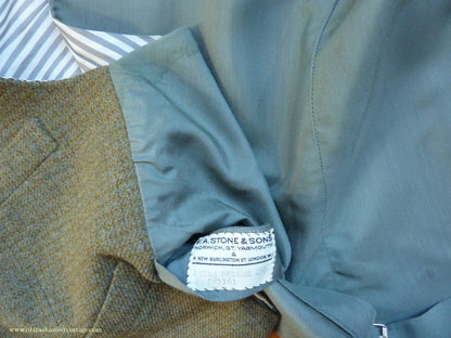 Vintage Mens 1960s Bespoke 2 Piece Jacket & Waistcoat Set Single Breasted Olive Green Brown Overcheck Wool 38"/40"