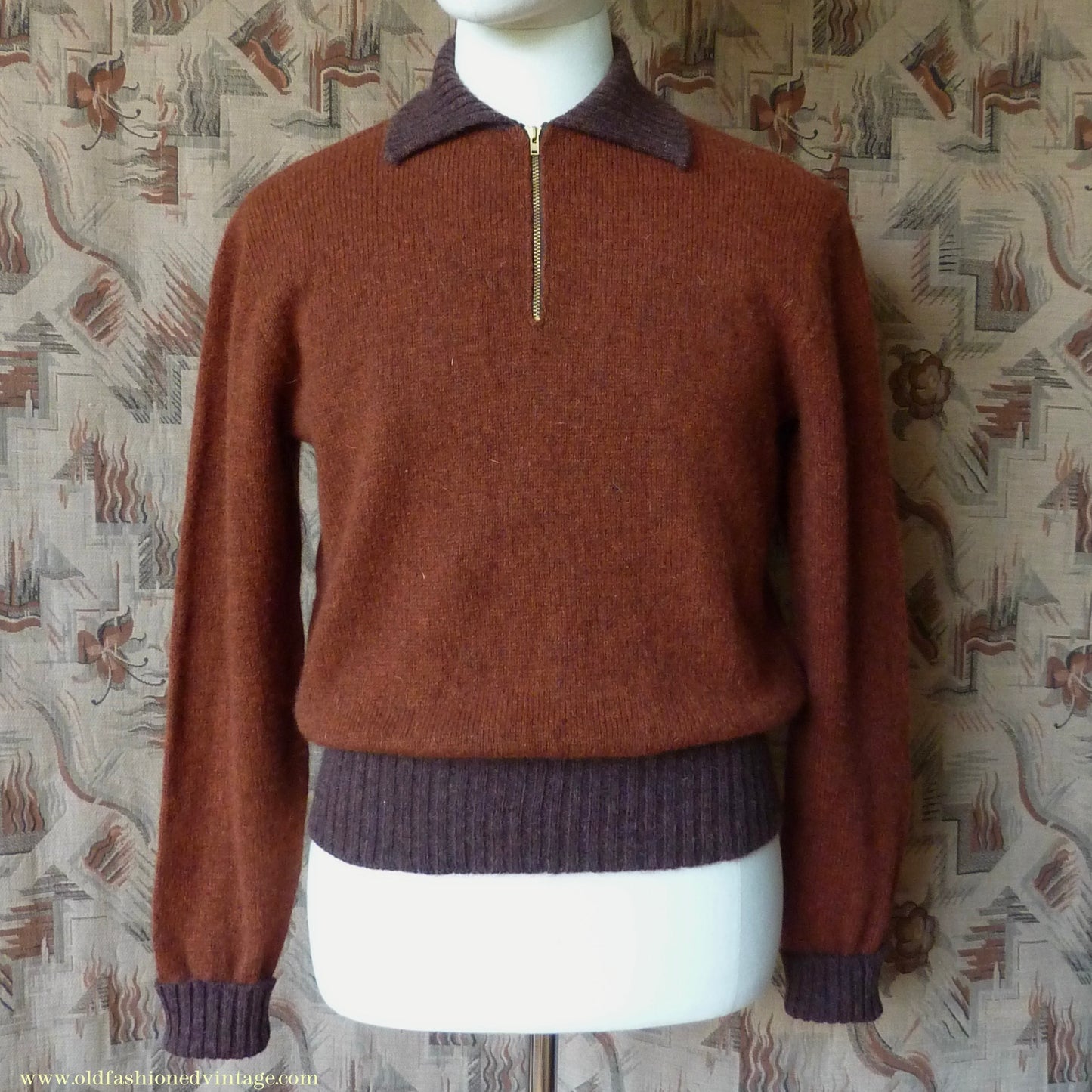 Old Fashioned Garments Vintage Reproduction 1940s Mens Zip Neck Jumper Two Tone Rust Brown Polo Collar Sweater Lumberjacket M