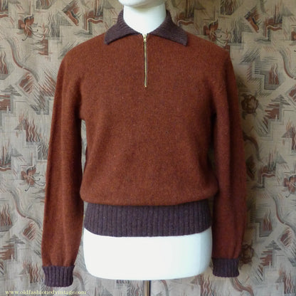 Old Fashioned Garments Vintage Reproduction 1940s Mens Zip Neck Jumper Two Tone Rust Brown Polo Collar Sweater Lumberjacket M