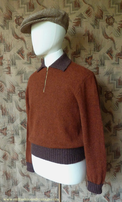 Old Fashioned Garments Vintage Reproduction 1940s Mens Zip Neck Jumper Two Tone Rust Brown Polo Collar Sweater Lumberjacket M