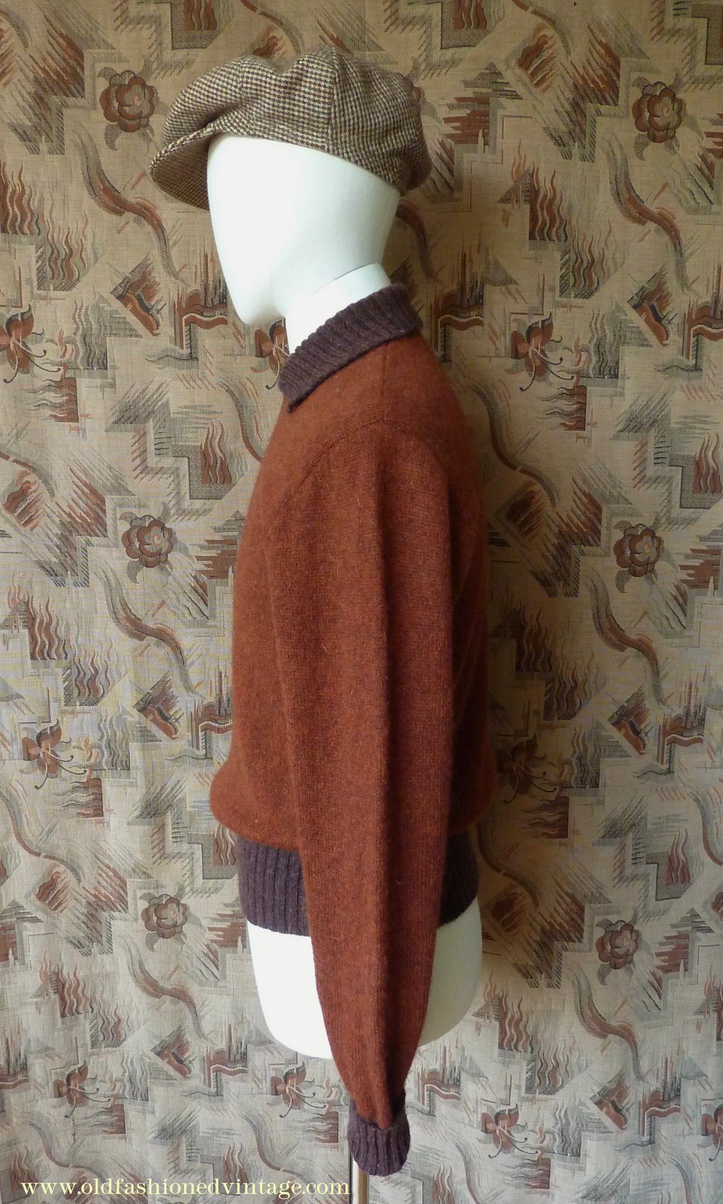 Old Fashioned Garments Vintage Reproduction 1940s Mens Zip Neck Jumper Two Tone Rust Brown Polo Collar Sweater Lumberjacket M