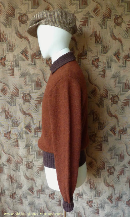 Old Fashioned Garments Vintage Reproduction 1940s Mens Zip Neck Jumper Two Tone Rust Brown Polo Collar Sweater Lumberjacket M