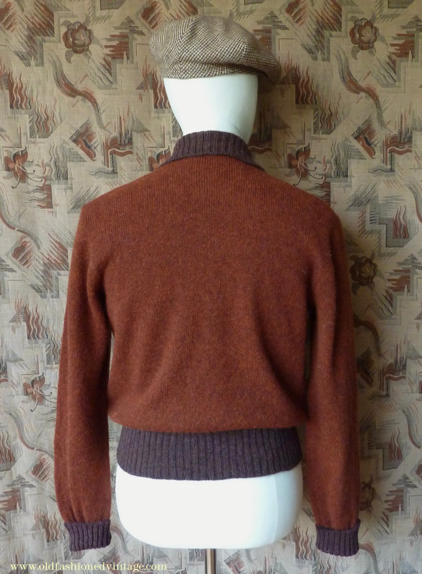 Old Fashioned Garments Vintage Reproduction 1940s Mens Zip Neck Jumper Two Tone Rust Brown Polo Collar Sweater Lumberjacket M
