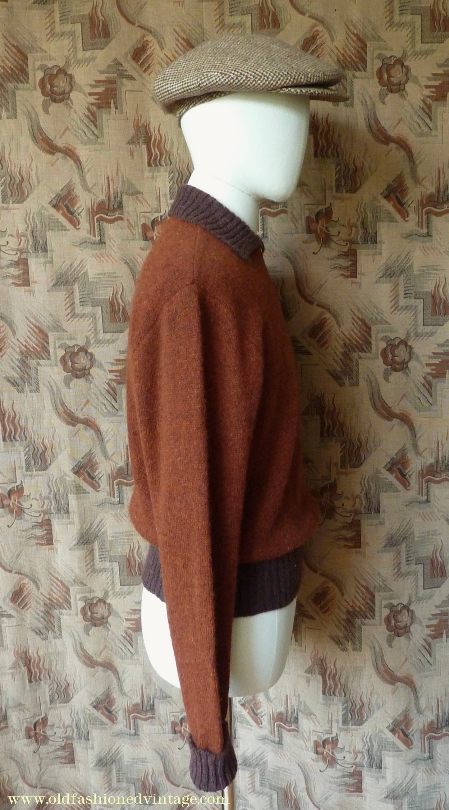 Old Fashioned Garments Vintage Reproduction 1940s Mens Zip Neck Jumper Two Tone Rust Brown Polo Collar Sweater Lumberjacket M