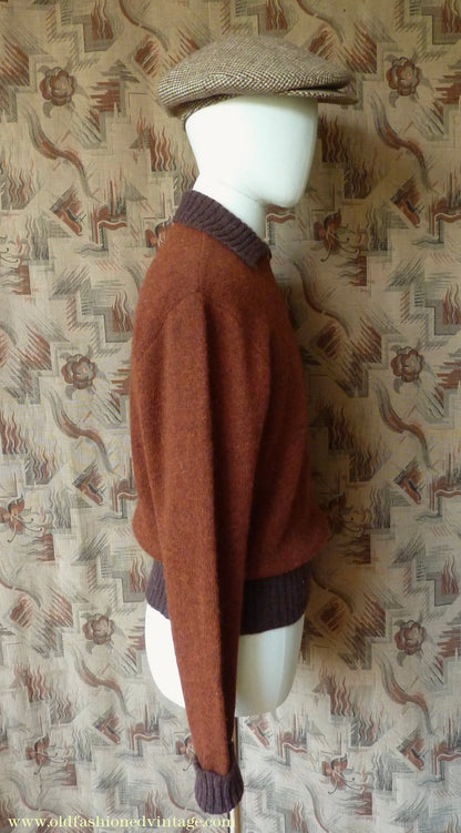 Old Fashioned Garments Vintage Reproduction 1940s Mens Zip Neck Jumper Two Tone Rust Brown Polo Collar Sweater Lumberjacket M
