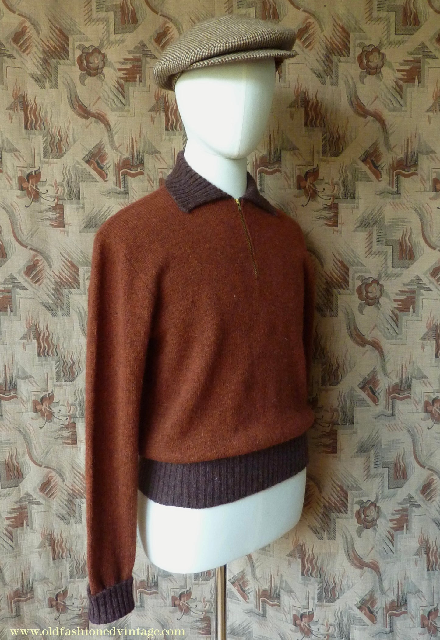 Old Fashioned Garments Vintage Reproduction 1940s Mens Zip Neck Jumper Two Tone Rust Brown Polo Collar Sweater Lumberjacket M