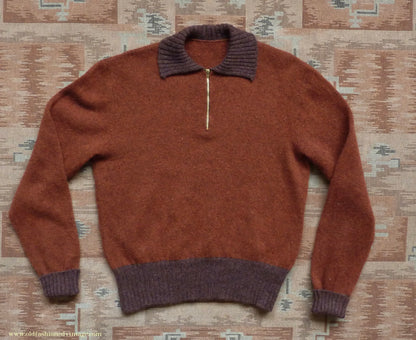 Old Fashioned Garments Vintage Reproduction 1940s Mens Zip Neck Jumper Two Tone Rust Brown Polo Collar Sweater Lumberjacket M