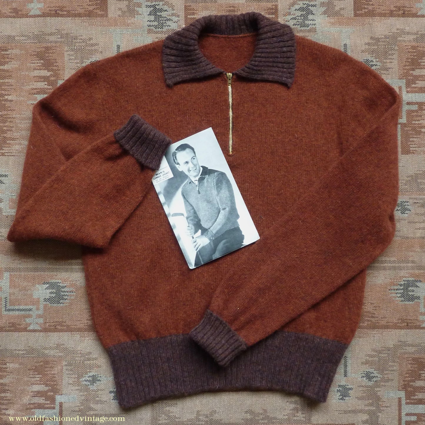 Old Fashioned Garments Vintage Reproduction 1940s Mens Zip Neck Jumper Two Tone Rust Brown Polo Collar Sweater Lumberjacket M