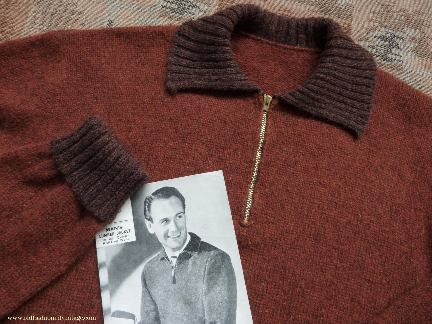 Old Fashioned Garments Vintage Reproduction 1940s Mens Zip Neck Jumper Two Tone Rust Brown Polo Collar Sweater Lumberjacket M