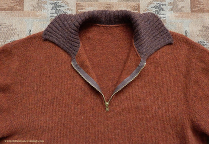 Old Fashioned Garments Vintage Reproduction 1940s Mens Zip Neck Jumper Two Tone Rust Brown Polo Collar Sweater Lumberjacket M