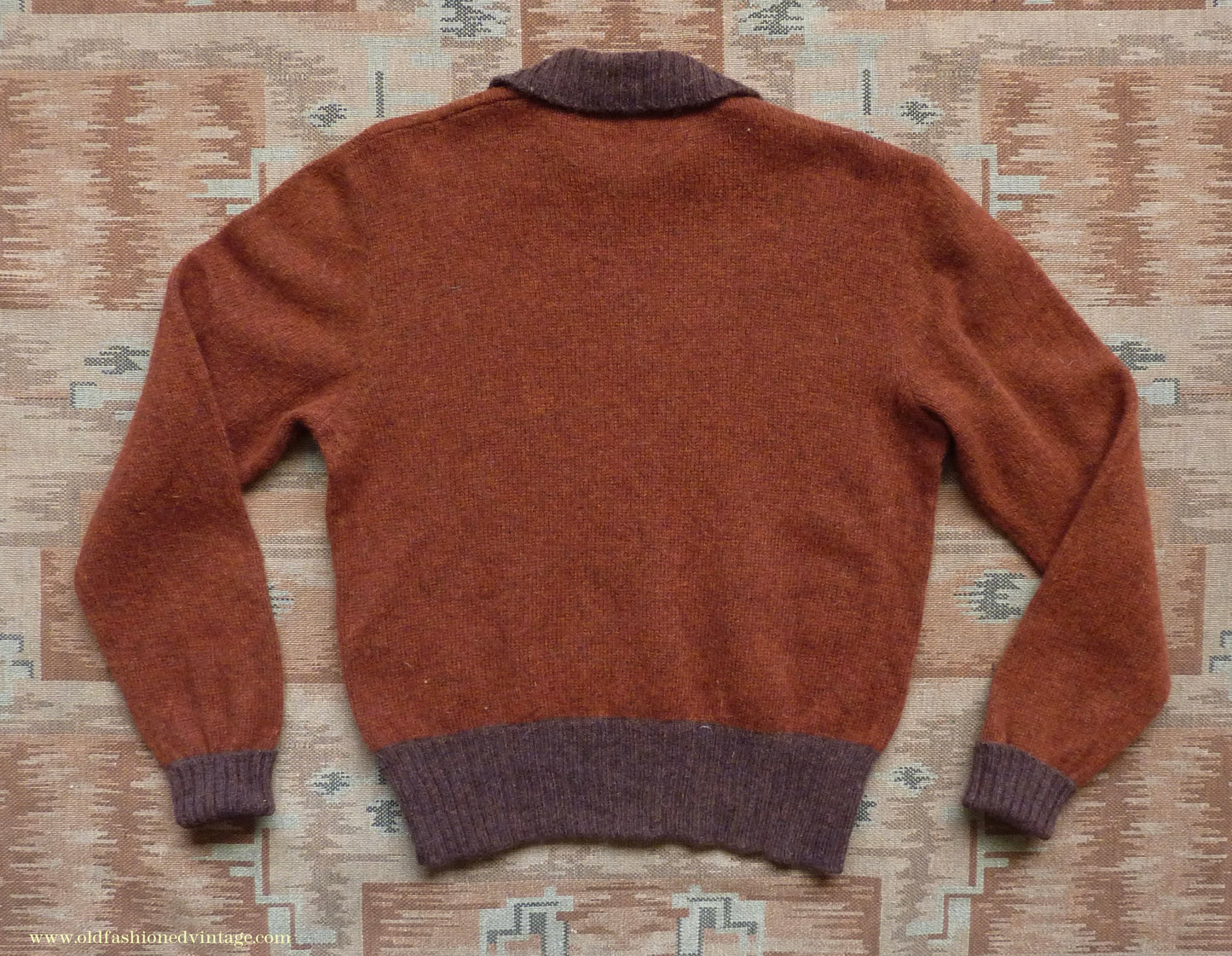 Old Fashioned Garments Vintage Reproduction 1940s Mens Zip Neck Jumper Two Tone Rust Brown Polo Collar Sweater Lumberjacket M