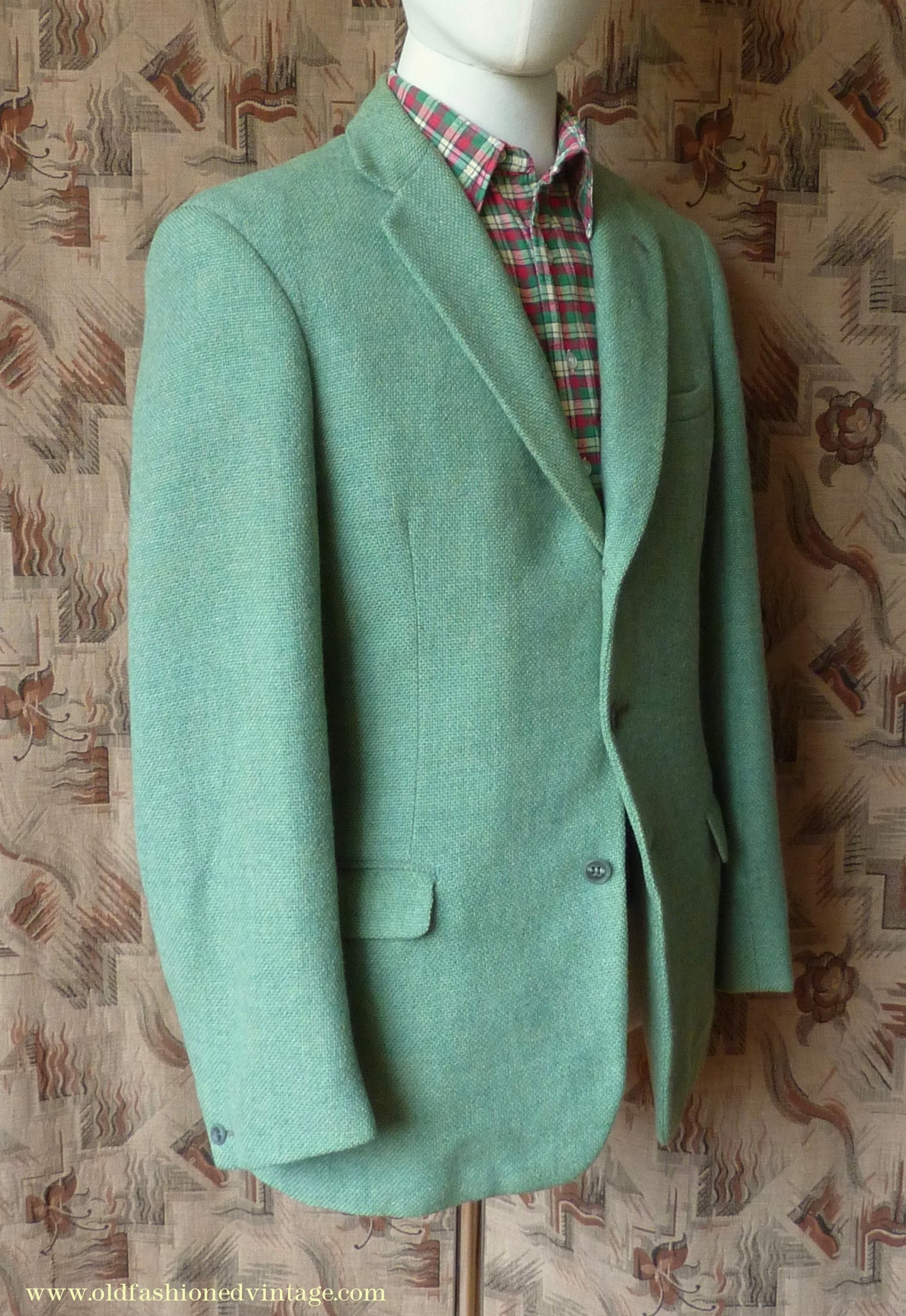 Vintage Mens 1950s Hopsack Sports Jacket Jade Green Wool 36" 37"