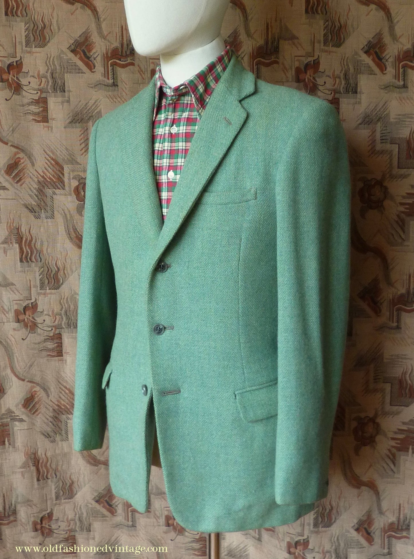 Vintage Mens 1950s Hopsack Sports Jacket Jade Green Wool 36" 37"