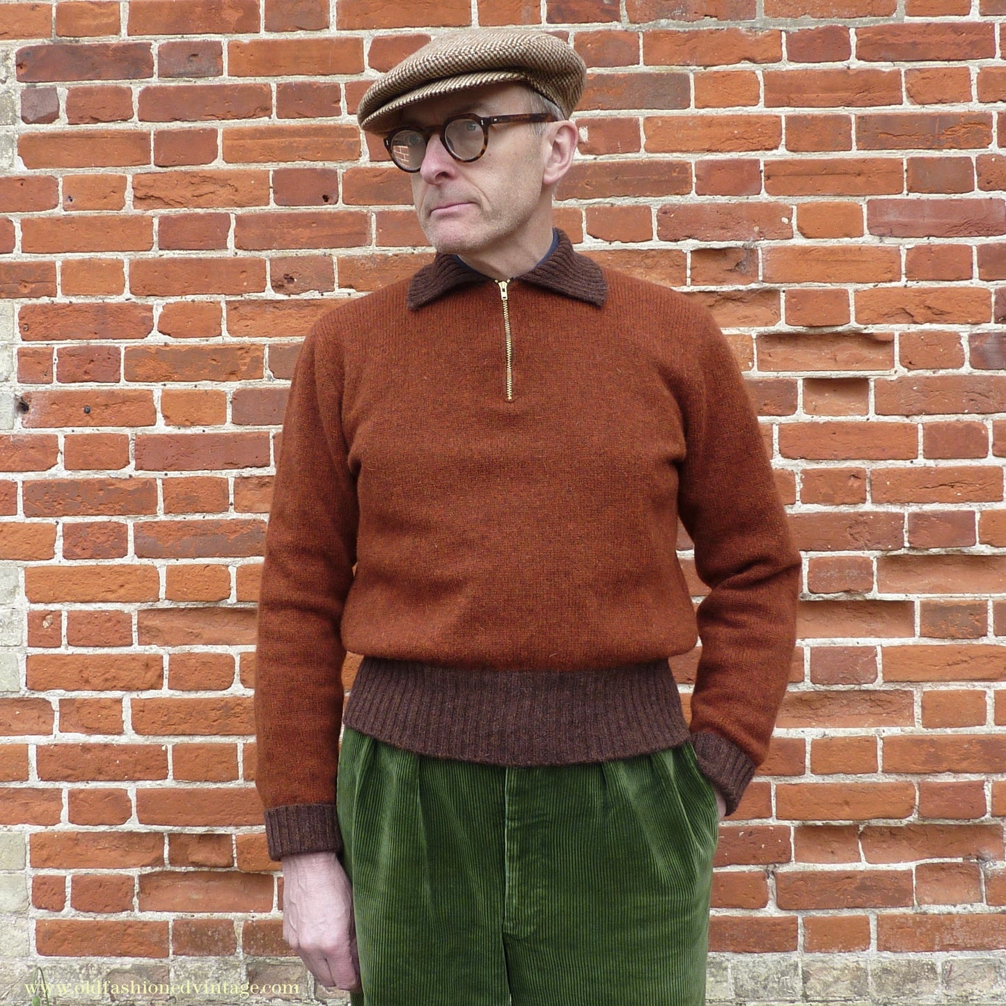 Old Fashioned Garments Vintage Reproduction 1940s Mens Zip Neck Jumper Two Tone Rust Brown Polo Collar Sweater Lumberjacket M