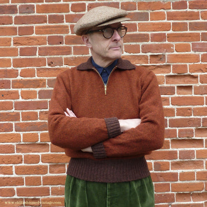 Old Fashioned Garments Vintage Reproduction 1940s Mens Zip Neck Jumper Two Tone Rust Brown Polo Collar Sweater Lumberjacket M