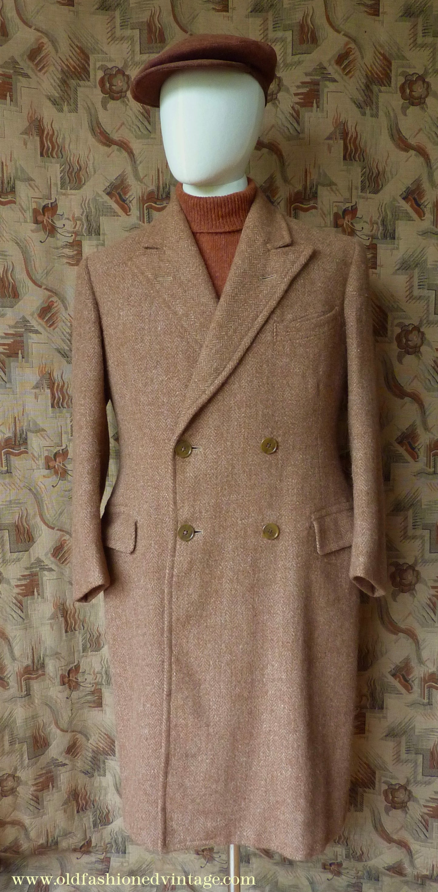 Vintage Mens 1940s Harris Tweed Double Breasted Chesterfield Overcoat Ginger Brown Wool DB 36"