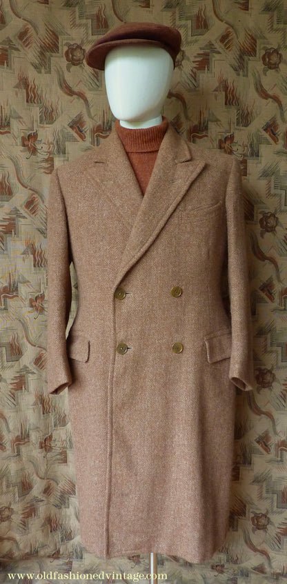 Vintage Mens 1940s Harris Tweed Double Breasted Chesterfield Overcoat Ginger Brown Wool DB 36"