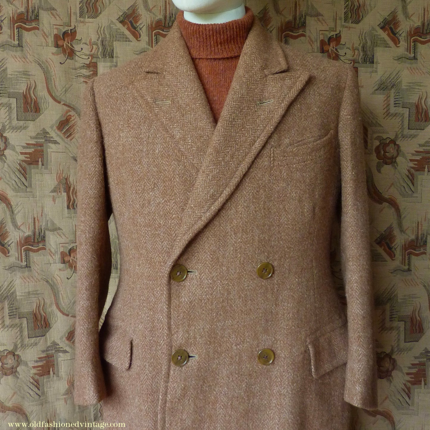 Vintage Mens 1940s Harris Tweed Double Breasted Chesterfield Overcoat Ginger Brown Wool DB 36"