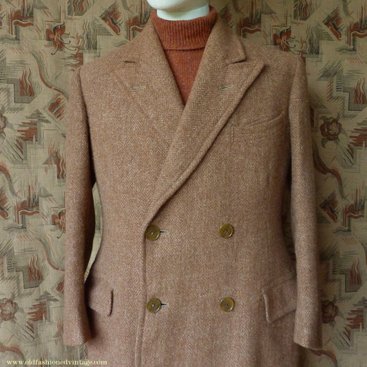 Vintage Mens 1940s Harris Tweed Double Breasted Chesterfield Overcoat Ginger Brown Wool DB 36"