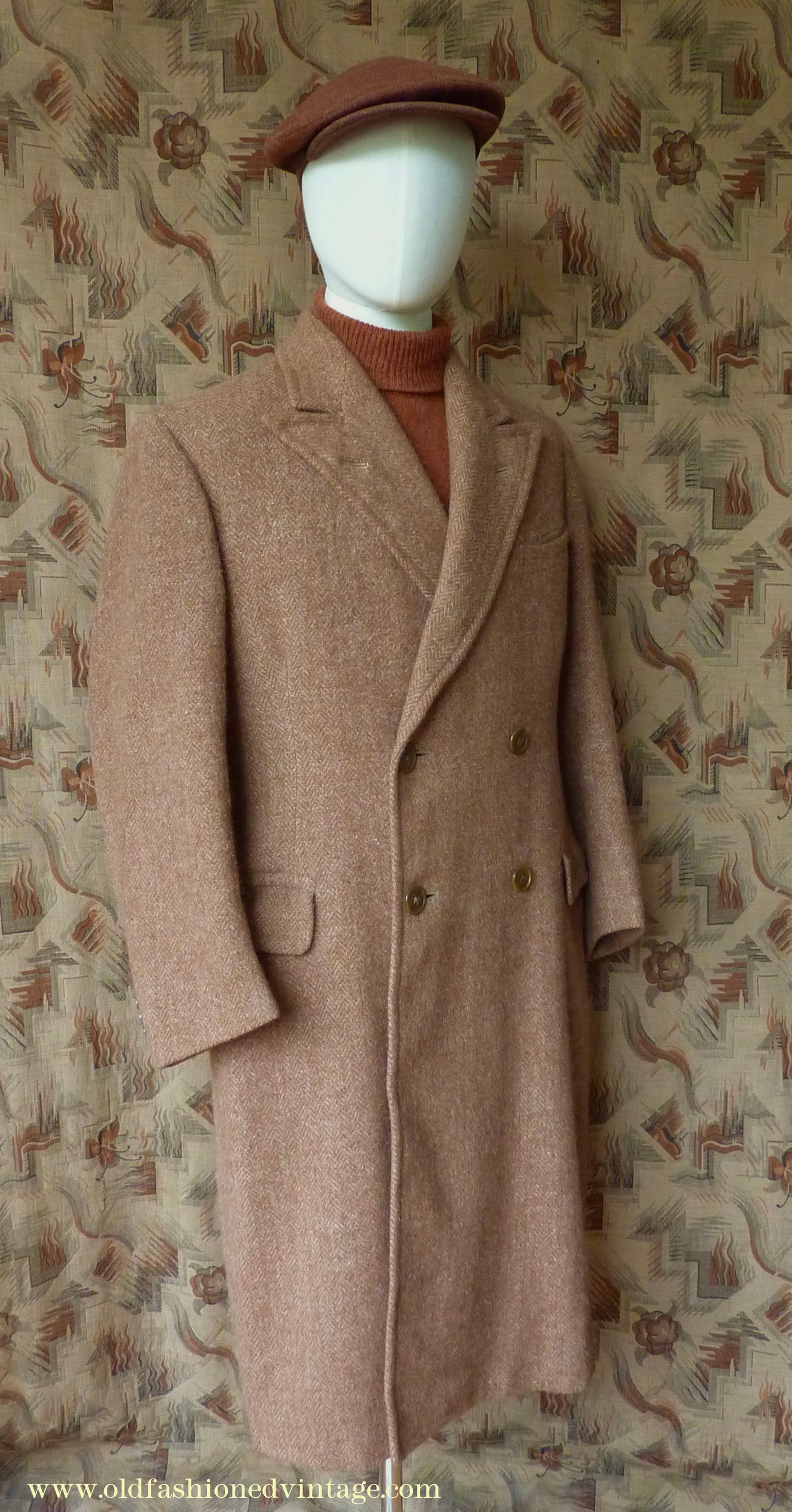 Vintage Mens 1940s Harris Tweed Double Breasted Chesterfield Overcoat Ginger Brown Wool DB 36"