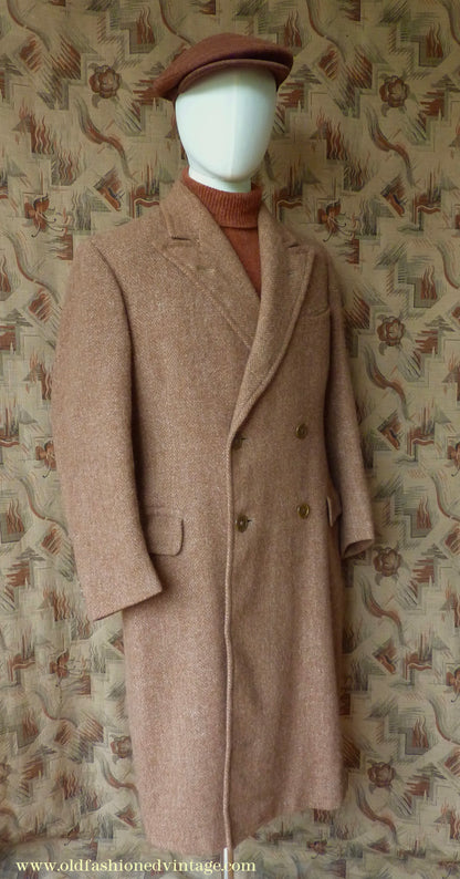 Vintage Mens 1940s Harris Tweed Double Breasted Chesterfield Overcoat Ginger Brown Wool DB 36"