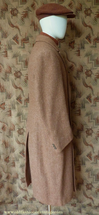 Vintage Mens 1940s Harris Tweed Double Breasted Chesterfield Overcoat Ginger Brown Wool DB 36"