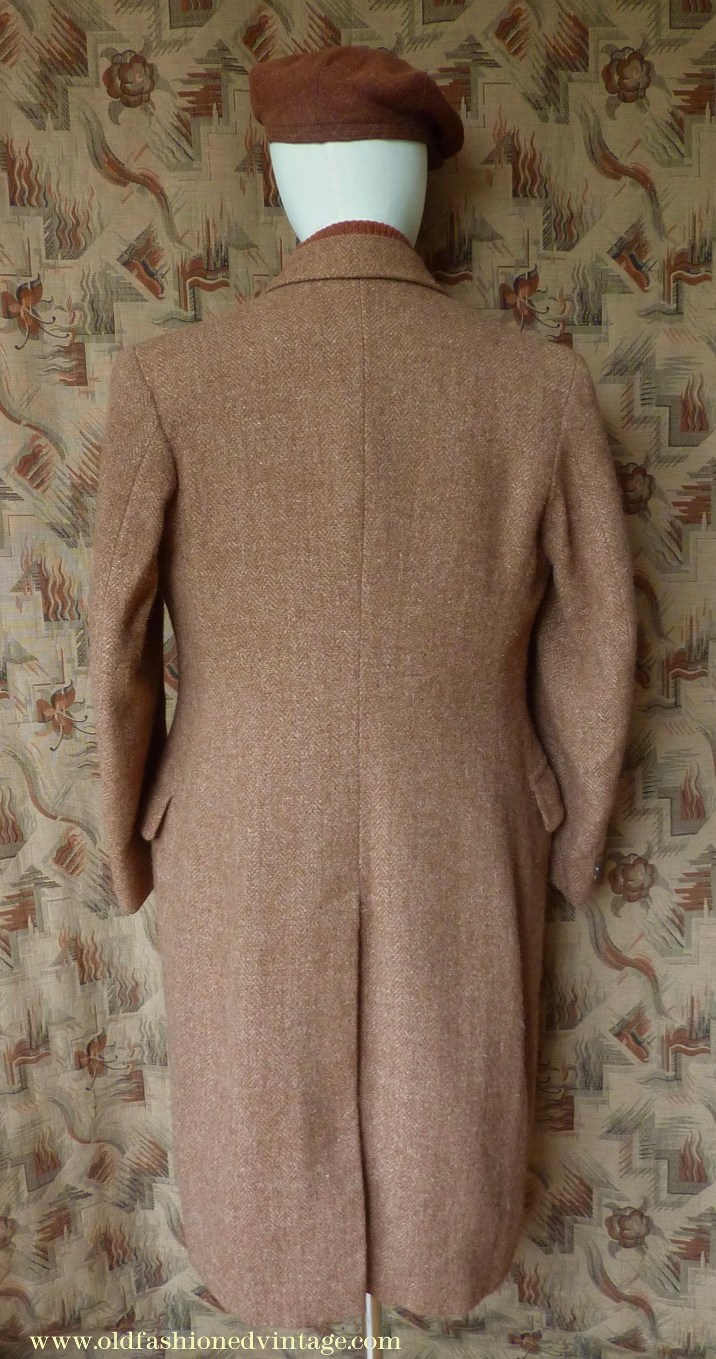 Vintage Mens 1940s Harris Tweed Double Breasted Chesterfield Overcoat Ginger Brown Wool DB 36"