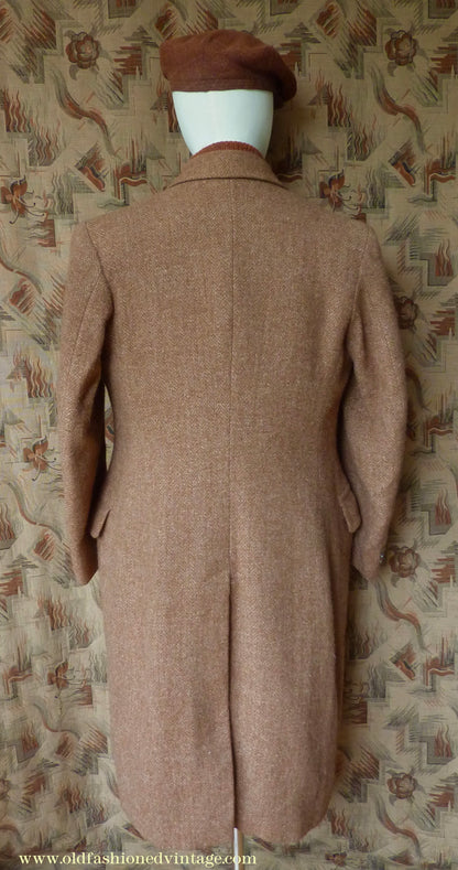 Vintage Mens 1940s Harris Tweed Double Breasted Chesterfield Overcoat Ginger Brown Wool DB 36"
