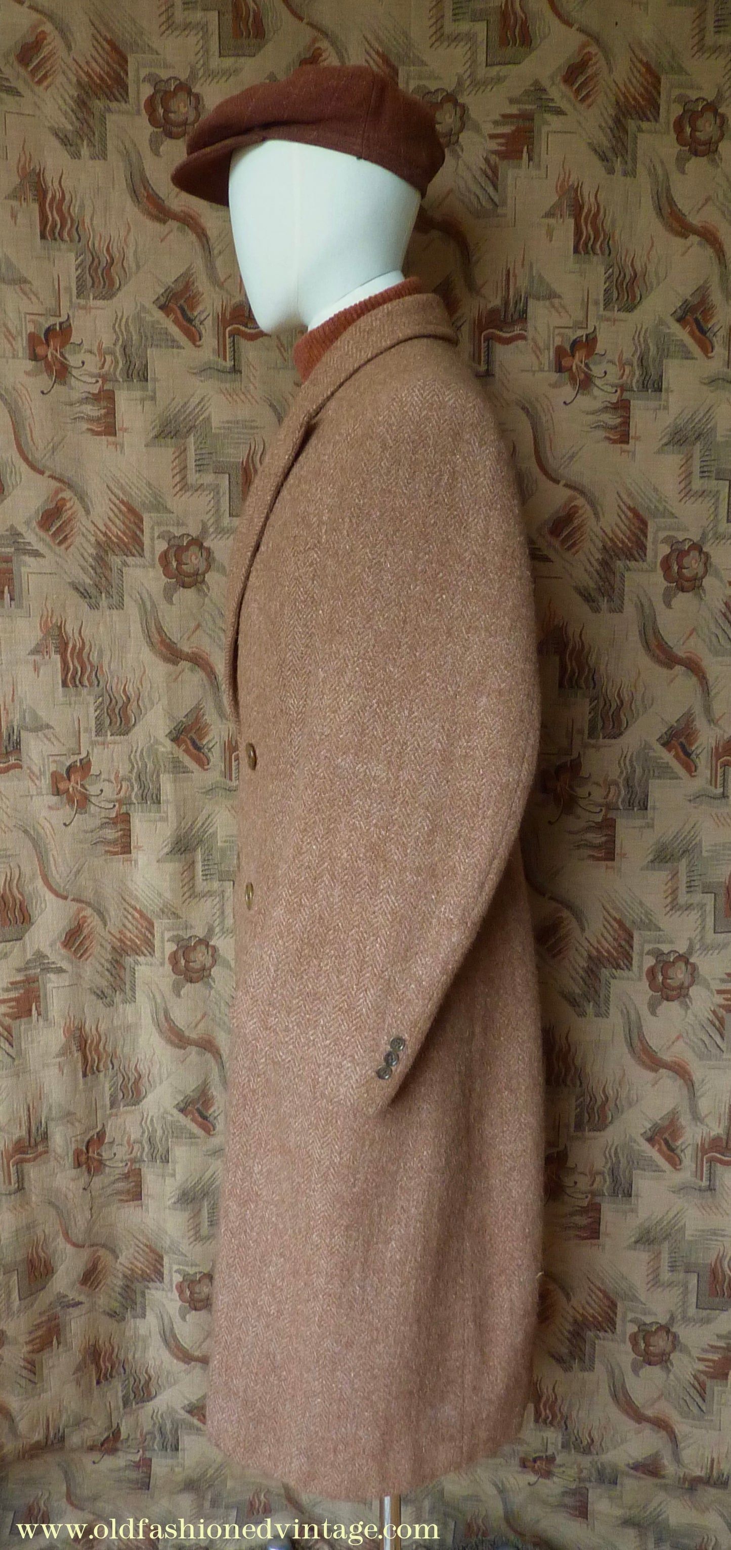 Vintage Mens 1940s Harris Tweed Double Breasted Chesterfield Overcoat Ginger Brown Wool DB 36"