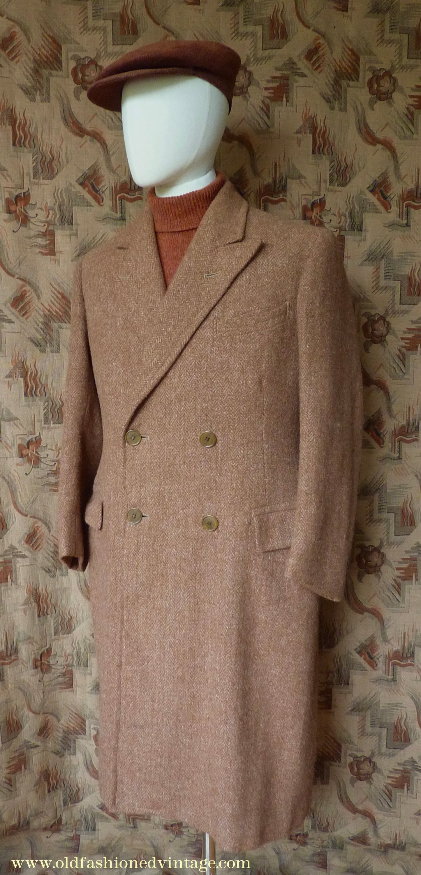 Vintage Mens 1940s Harris Tweed Double Breasted Chesterfield Overcoat Ginger Brown Wool DB 36"
