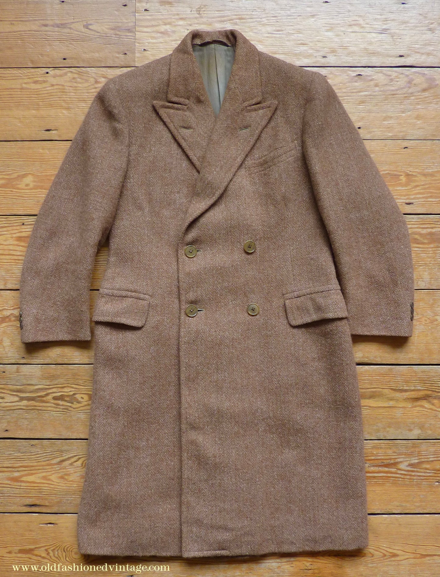 Vintage Mens 1940s Harris Tweed Double Breasted Chesterfield Overcoat Ginger Brown Wool DB 36"