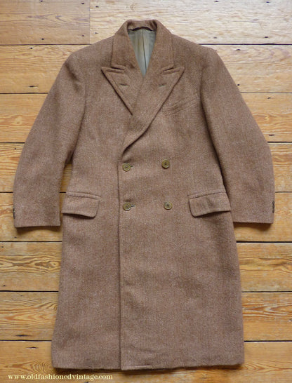 Vintage Mens 1940s Harris Tweed Double Breasted Chesterfield Overcoat Ginger Brown Wool DB 36"