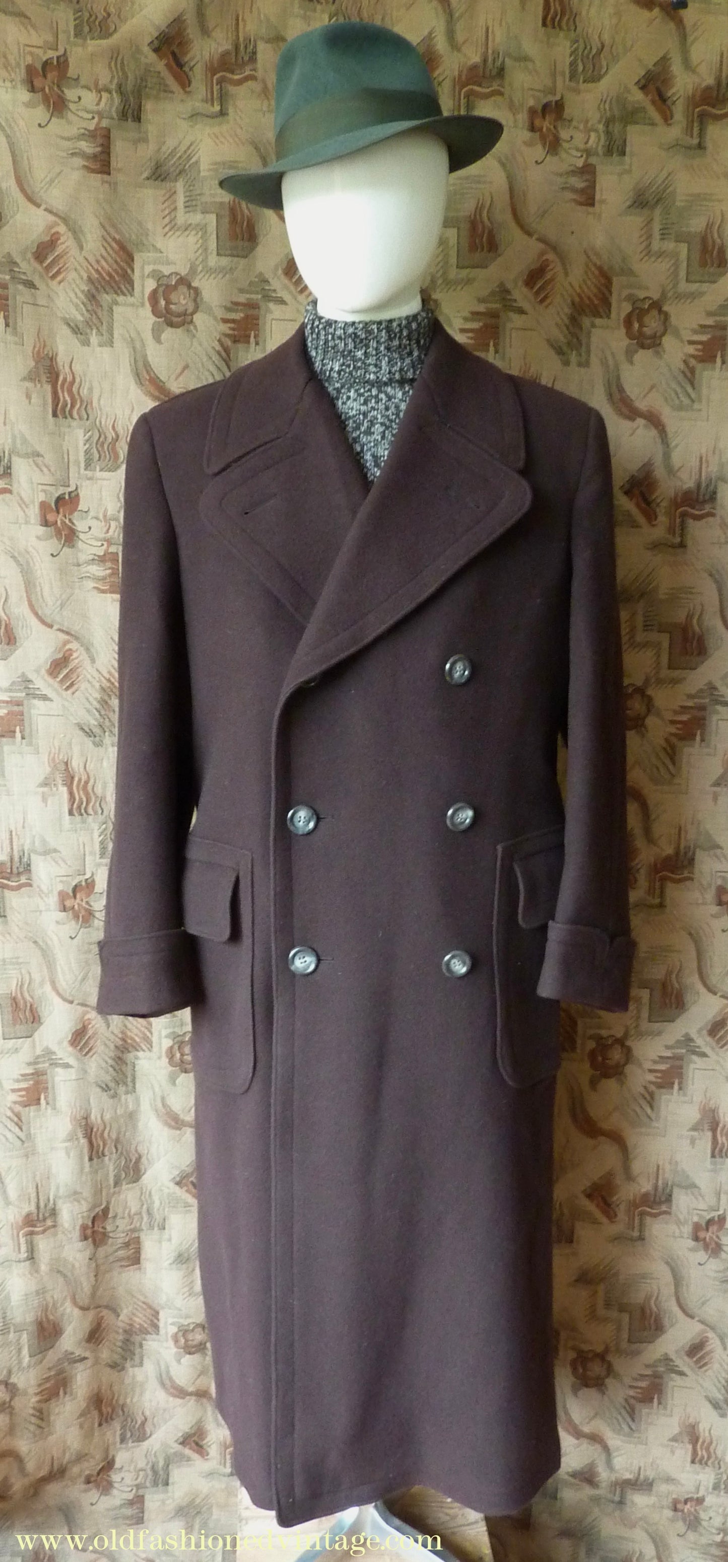 Vintage Mens 1940s German Double Breasted Overcoat Coat Brown Wool Back Belt 40" Long