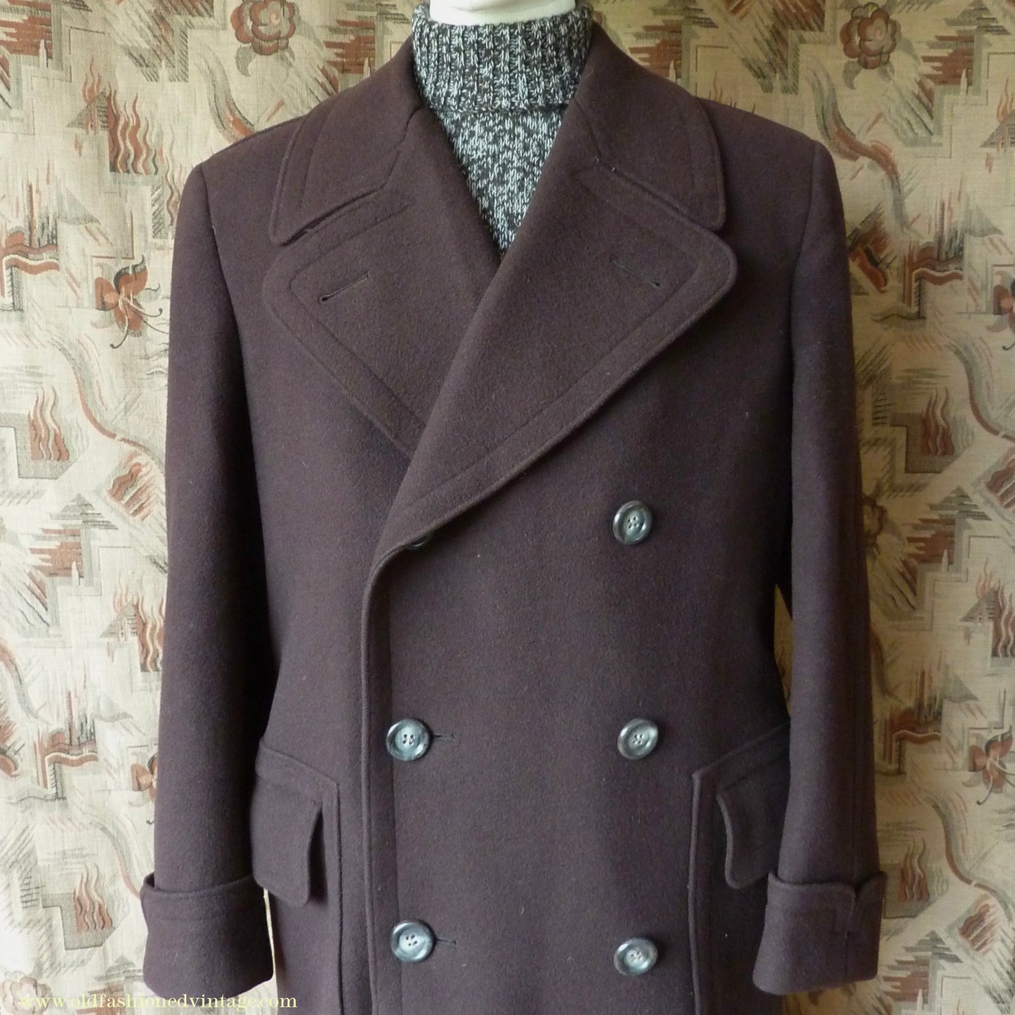 Vintage Mens 1940s German Double Breasted Overcoat Coat Brown Wool Back Belt 40" Long