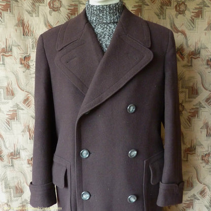Vintage Mens 1940s German Double Breasted Overcoat Coat Brown Wool Back Belt 40" Long