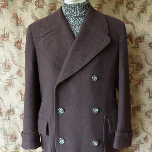 Vintage Mens 1940s German Double Breasted Overcoat Coat Brown Wool Back Belt 40" Long