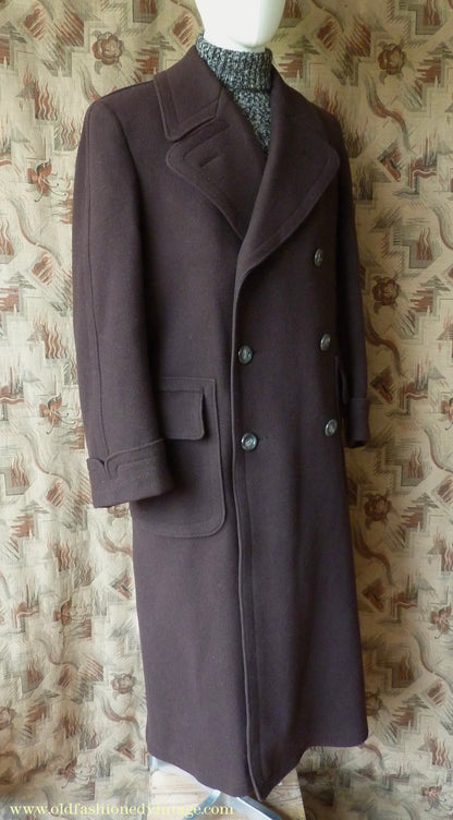 Vintage Mens 1940s German Double Breasted Overcoat Coat Brown Wool Back Belt 40" Long