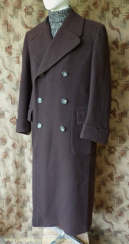 Vintage Mens 1940s German Double Breasted Overcoat Coat Brown Wool Back Belt 40" Long