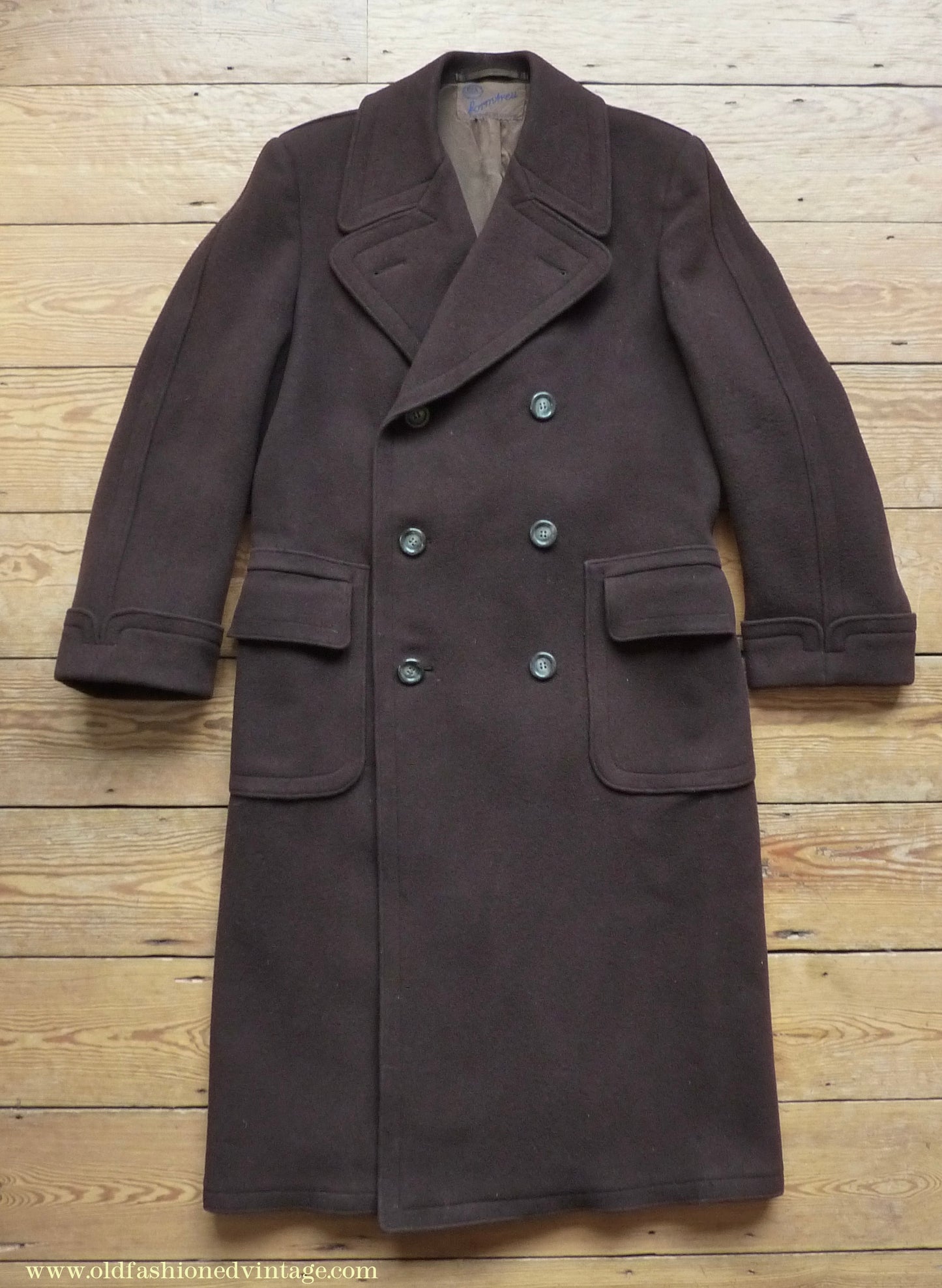 Vintage Mens 1940s German Double Breasted Overcoat Coat Brown Wool Back Belt 40" Long