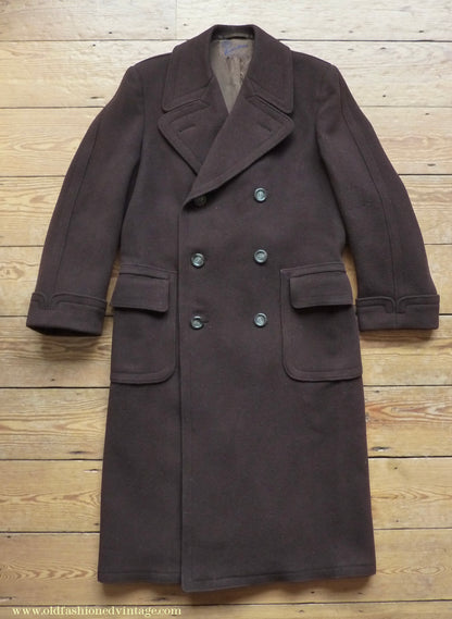 Vintage Mens 1940s German Double Breasted Overcoat Coat Brown Wool Back Belt 40" Long