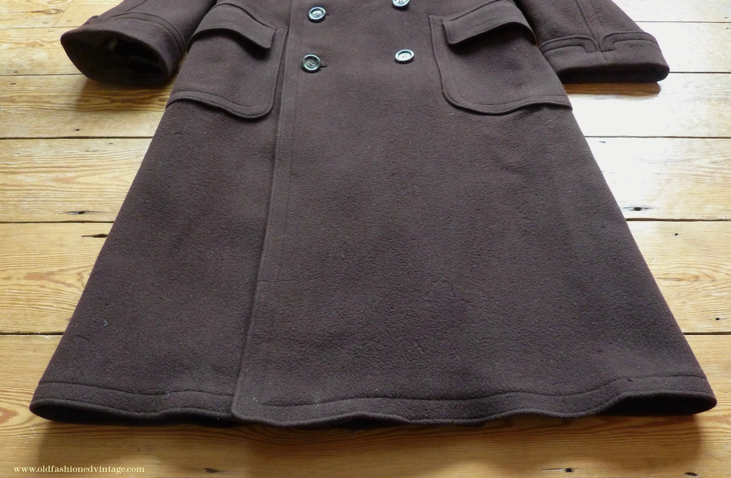 Vintage Mens 1940s German Double Breasted Overcoat Coat Brown Wool Back Belt 40" Long